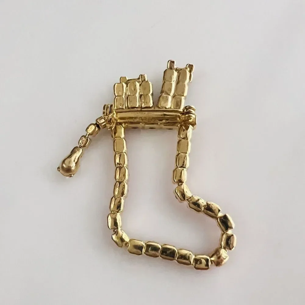 Vintage Christmas Brooch Holiday Stocking Prongs Rhinestones Gifts Boxes 1372